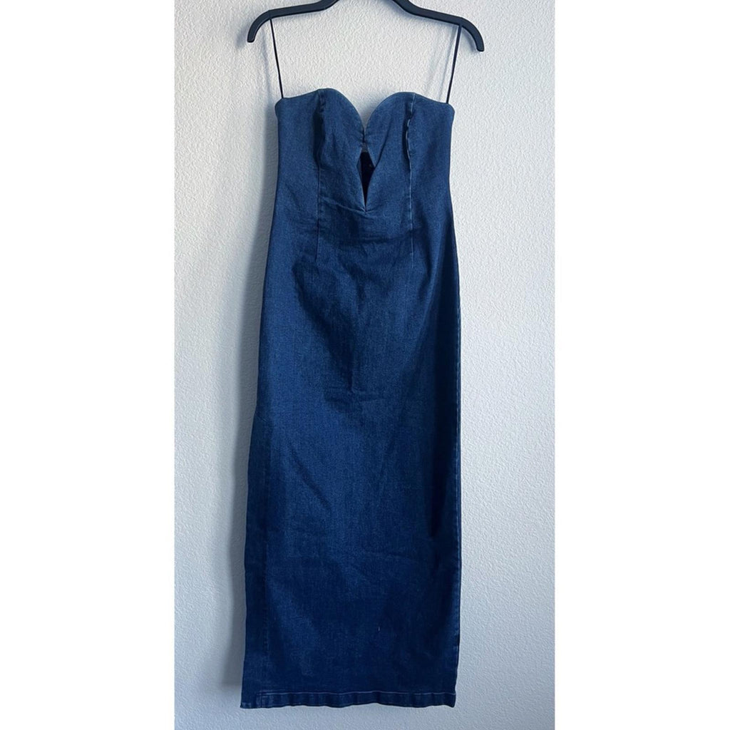 Bardot Eleni Denim Strapless Midi Dress in Dark Blue, Size EUR 36 US 4 UK 8, NEW