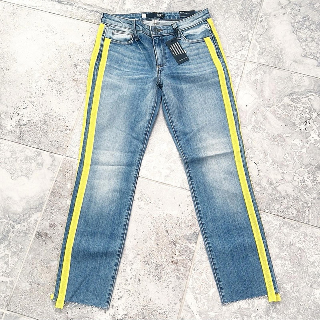 KUT from the Kloth Reese Yellow Stripe Ankle Straight Leg Jeans Size 0 New w/Tag