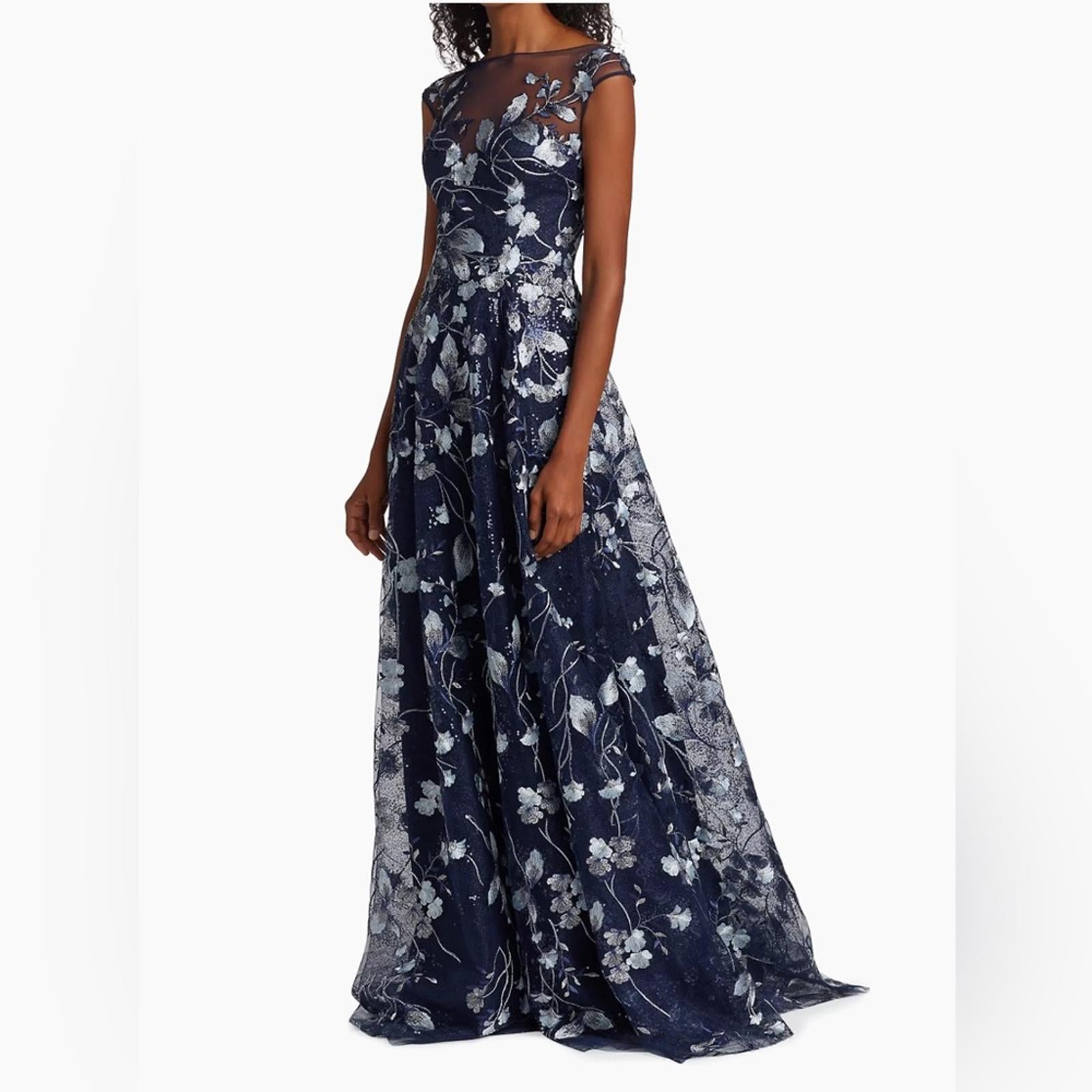Teri Jon Embroidered Mesh Gown in Navy/Silver, NWT, Size 16