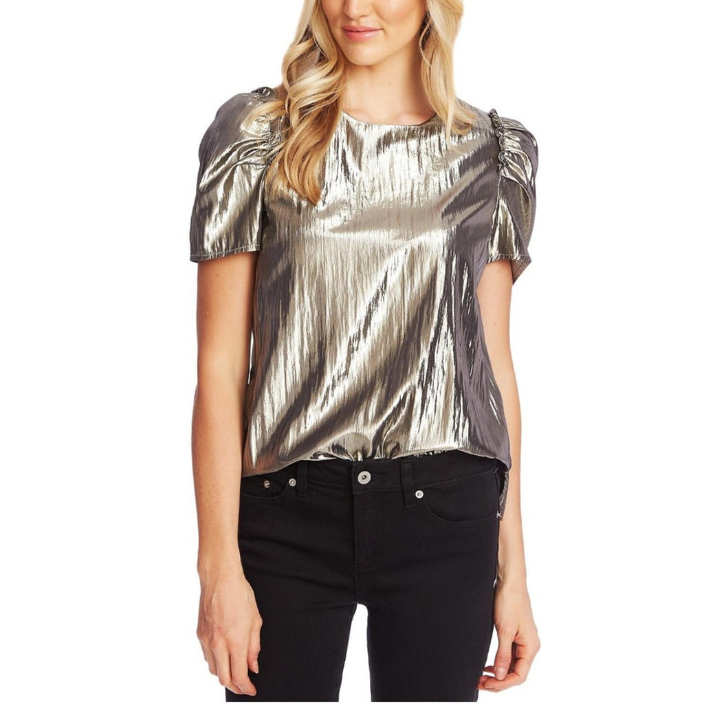 CeCe Silver Shimmer Pouf Jewel Neck Top, Size XXS, NEW