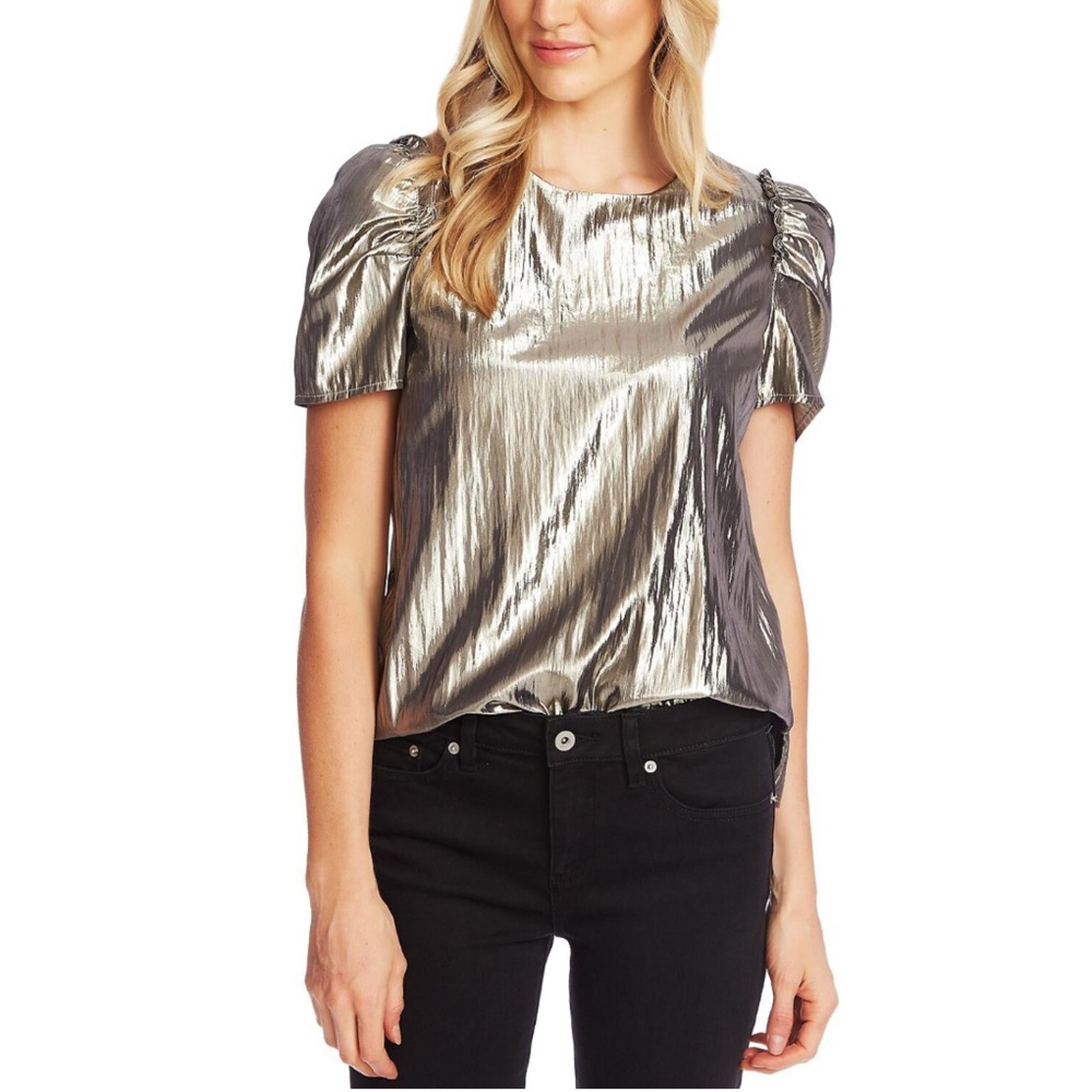 CeCe Silver Shimmer Pouf Jewel Neck Top, Size XXS, NEW