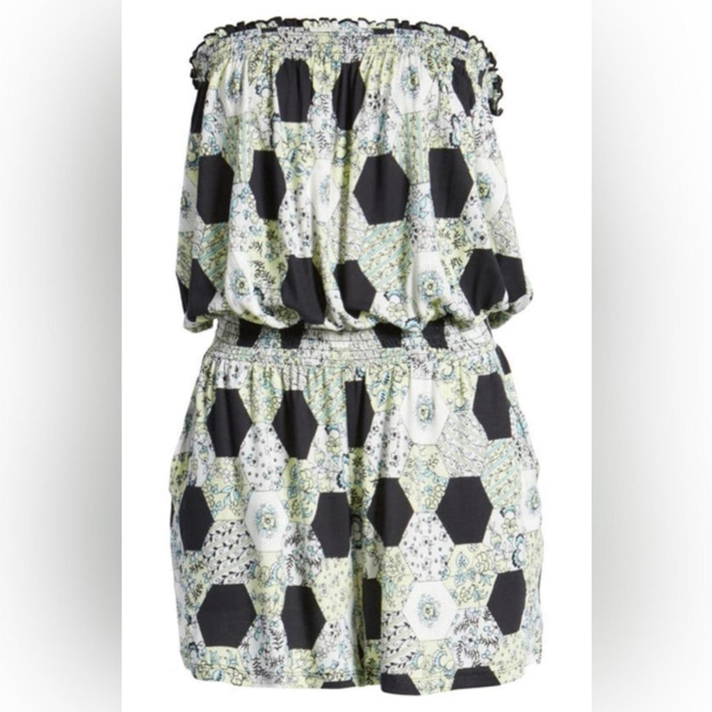 BP. Print Off the Shoulder Romper in Black Green Honeycomb Floral Size XS, NWT