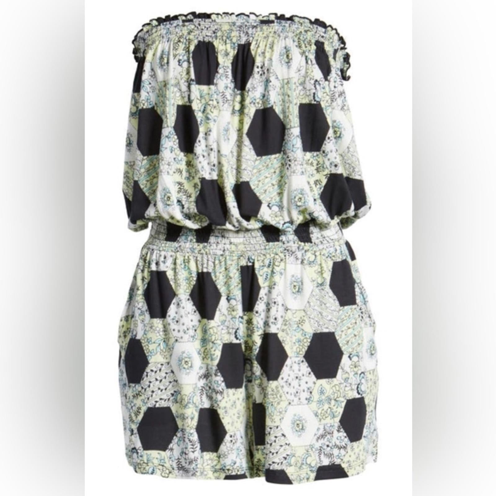 BP. Print Off the Shoulder Romper in Black Green Honeycomb Floral Size XS, NWT