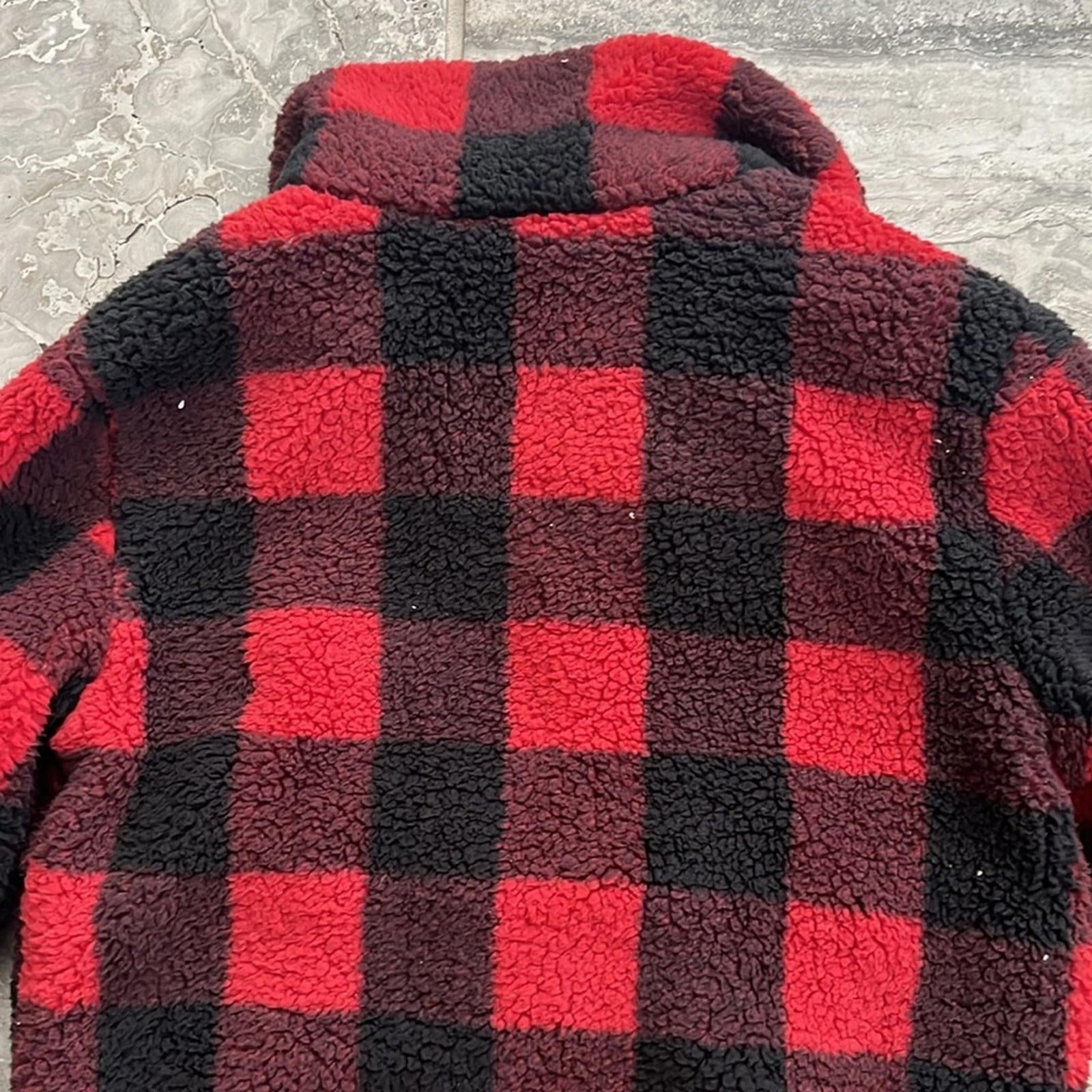 Urban Republic Half-Zip Faux Fur Jacket Girls' S(7/8) RedBlack Buffalo Check NWT