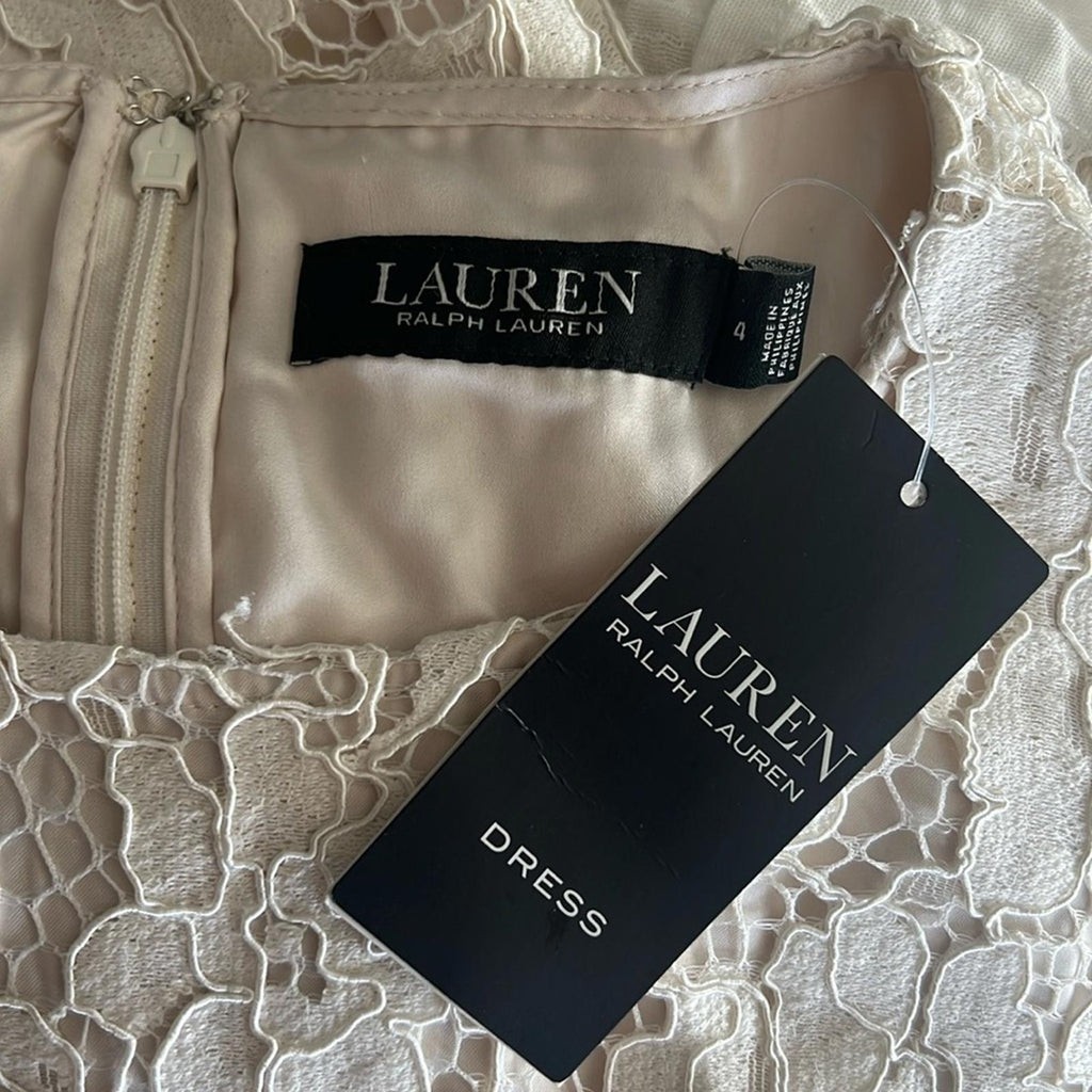 Lauren Ralph Lauren Puff-Sleeve Lace Cocktail Dress in Winter Cream Size 4 NWT
