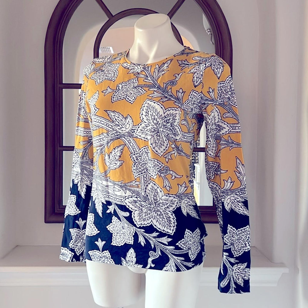 The Talbots Tee Pima Crewneck Tee, Paisley Floral, Yellow Blue Size S EXCELLENT!