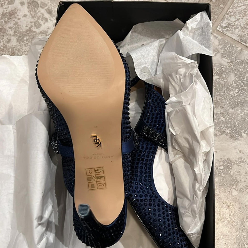 Kurt Geiger Blue Duke Drench 100 Crystal-Embellished Mules Heels Size 41 NEW