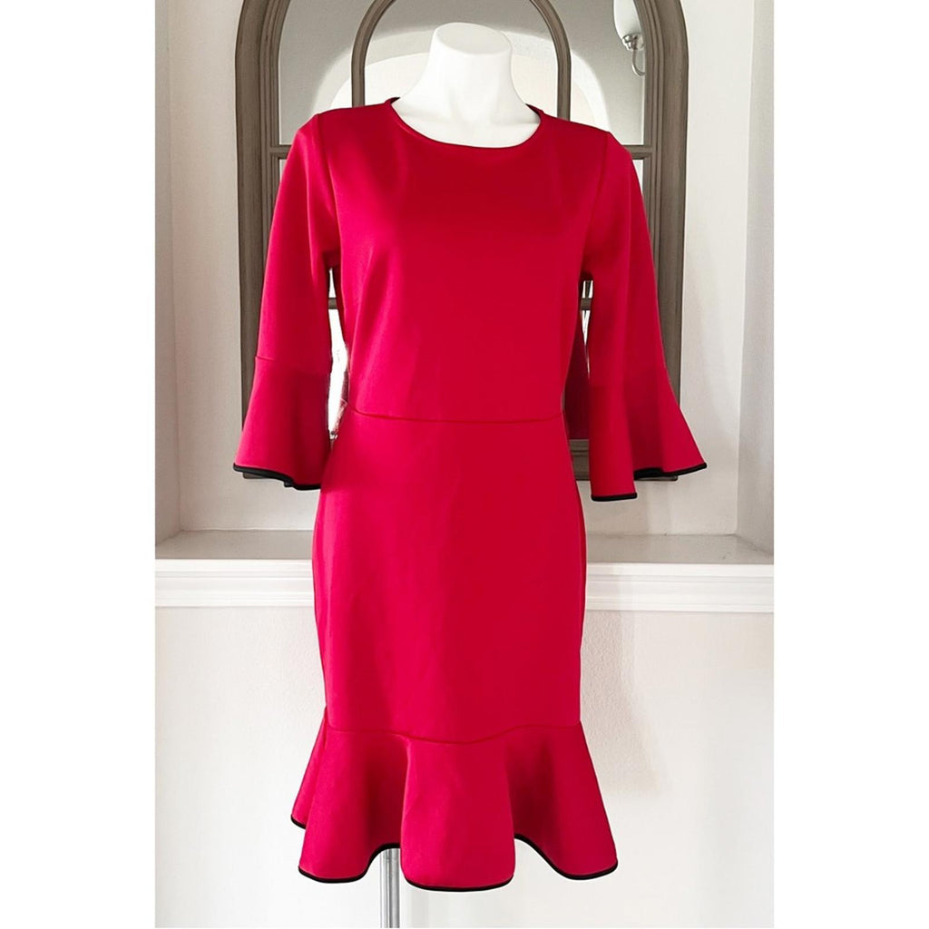 NY & Co Stretch Red Bell-Sleeve Dress w/Black Trim, Size M