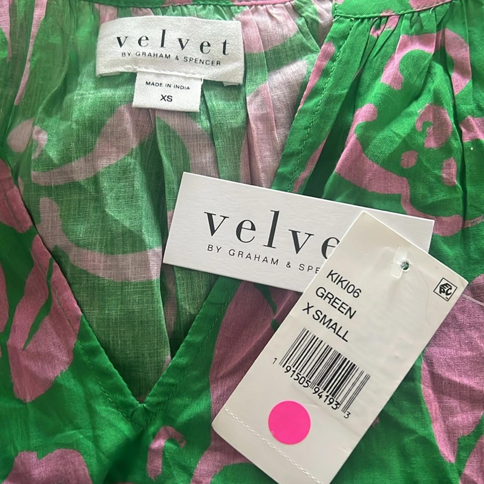 Velvet Kiki Short Tie-Belt Printed Cotton Dress in Green/Link, Size XS NWT