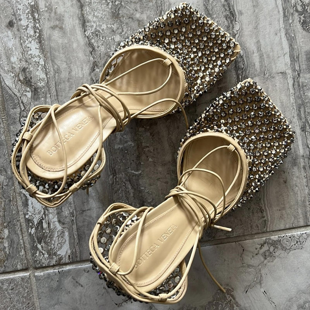 Bottega Veneta Sparkle Stretch Lace-Up Sandals, Toile Size 41 New in Box $1950