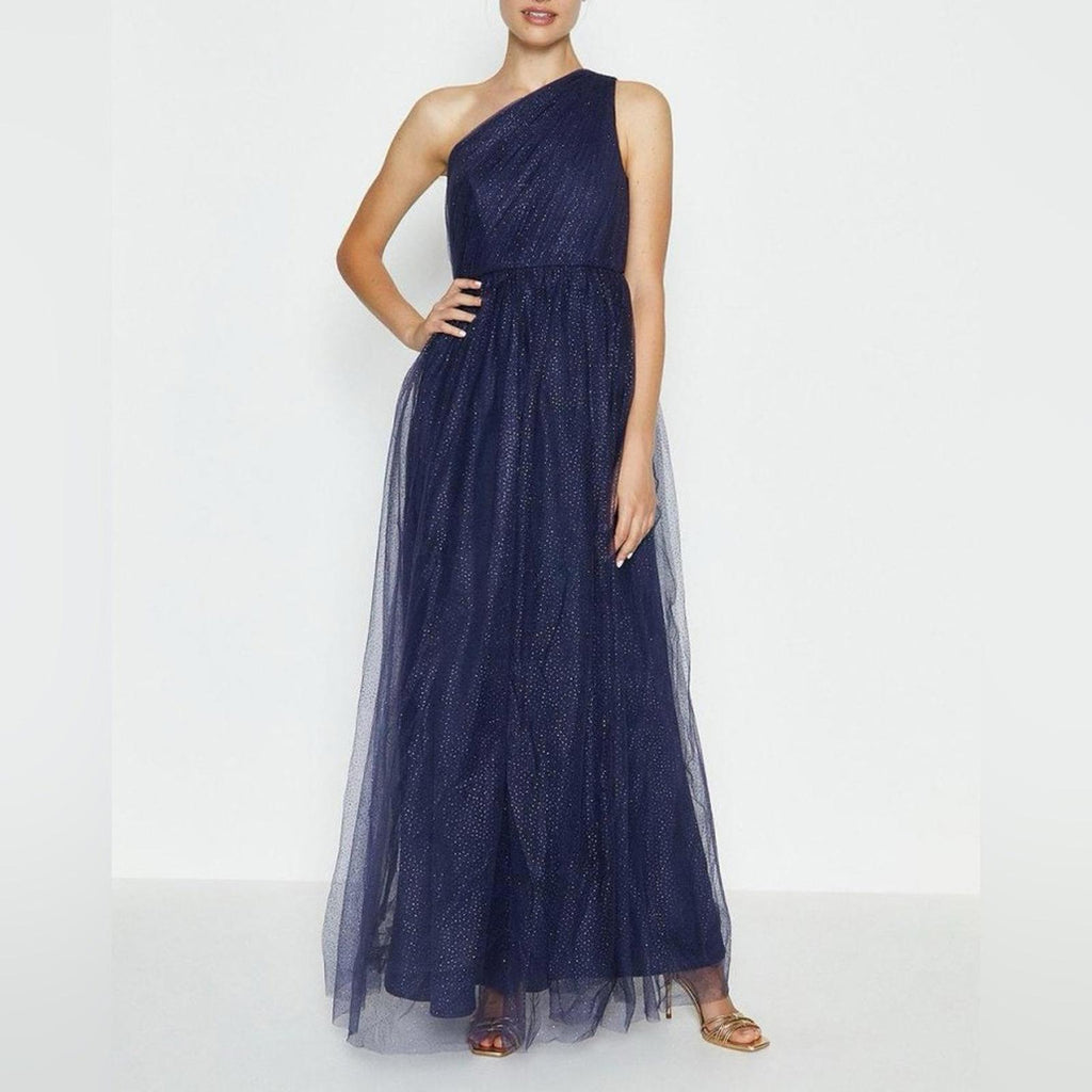 NEW One Shoulder Glitter Mesh Maxi Dress in Navy, Size XL New w/o Tag