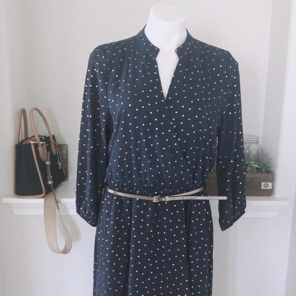 Laundry Faux Wrap Hi-Low Hem Maxi Dress in Navy/Gold Stars, NWT