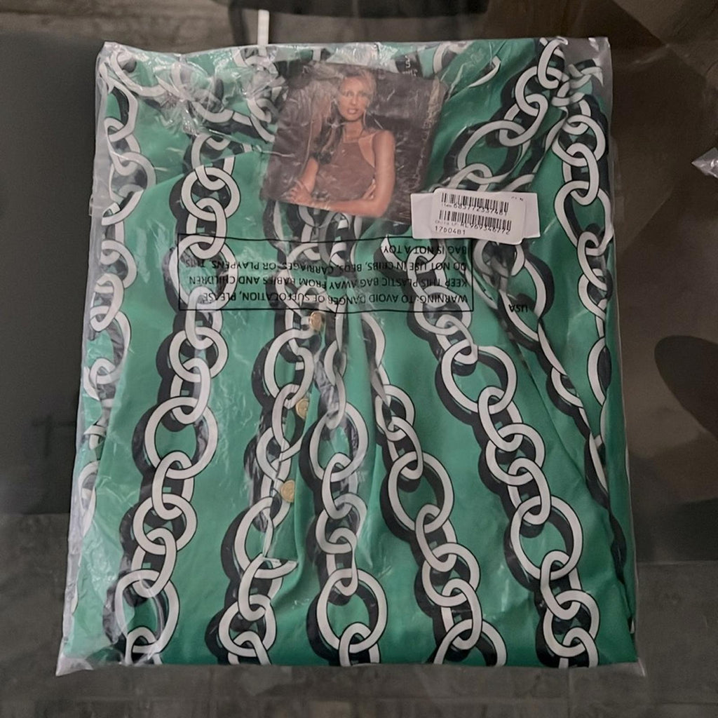 IMAN Popover High Low Chain Print Long Sleeve Blouse, Green Size S New w/Tag