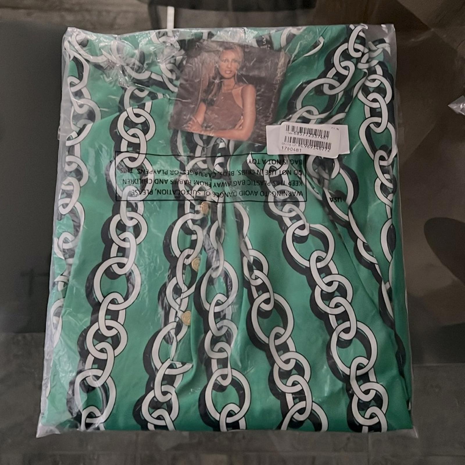 IMAN Popover High Low Chain Print Long Sleeve Blouse, Green Size S New w/Tag