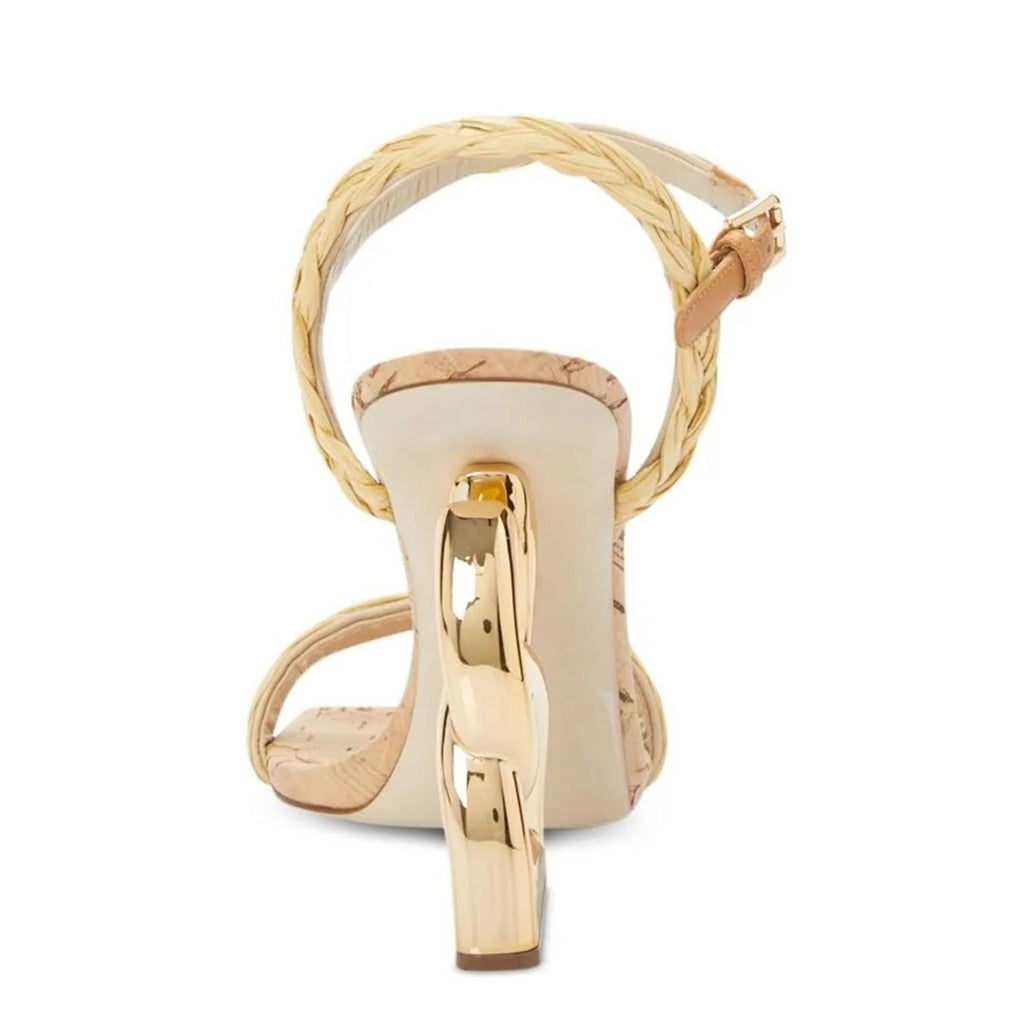 Dolce & Gabbana Logo Heel Ankle Strap Sandals in Gold Tan, New in Box