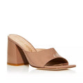 Stuart Weitzman Tia 85 Flared Block Heel Sandals Fawn Patent Leather Size 9 NEW