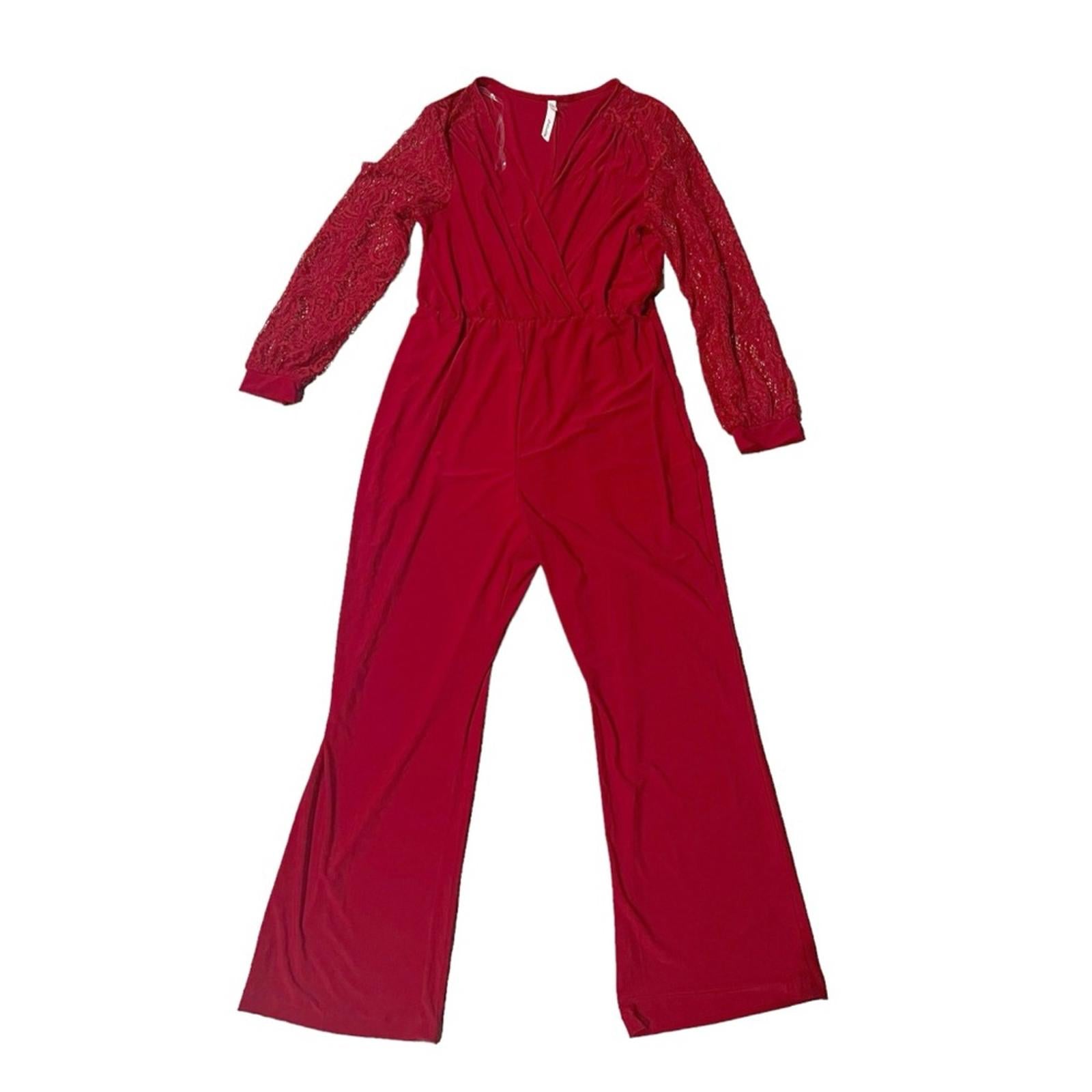 NEW NY Collection Jumpsuit with Lace Sleeves, Red Size XL New w/o Tag