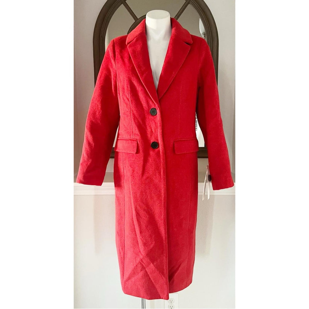 Bloomingdale’s Aqua Two Button Long Coat in Red, Size S, New w/Tag $178