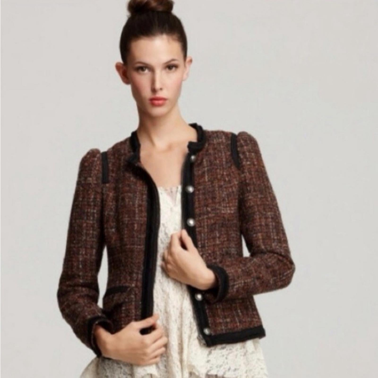 Free People Tweed Moto Jacket, Wool Brown/Purple w/Black Trim Size 4 Retail $198