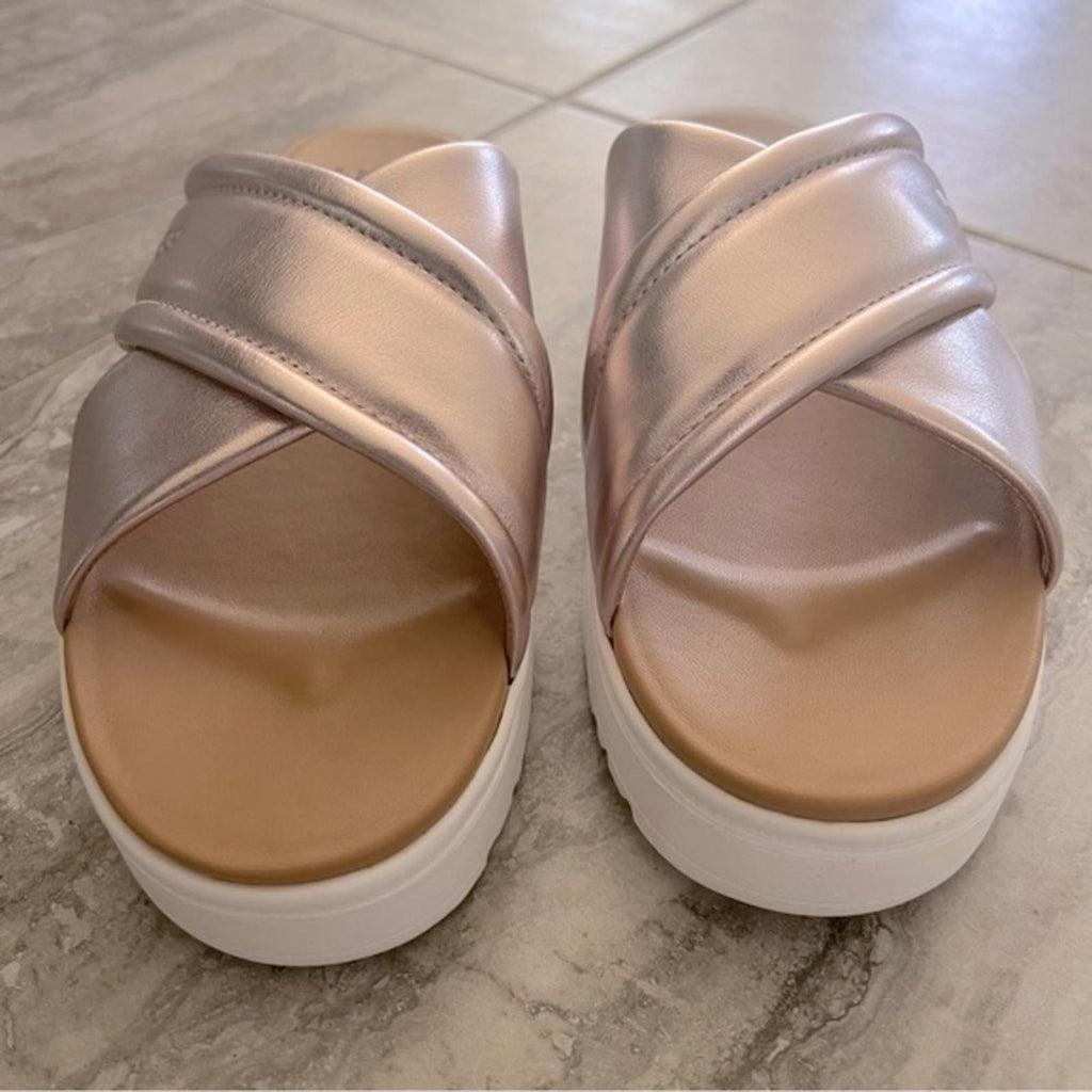 UGG Zayne Leather Platform Sandals, Metallic Blush & White Size 6 New w/o Box