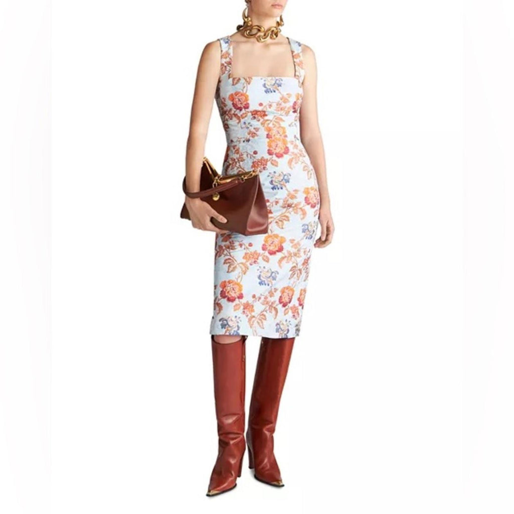 Etro Jacquard Floral Sheath Dress in Pale Blue Multi, Size 36, NEW $2300