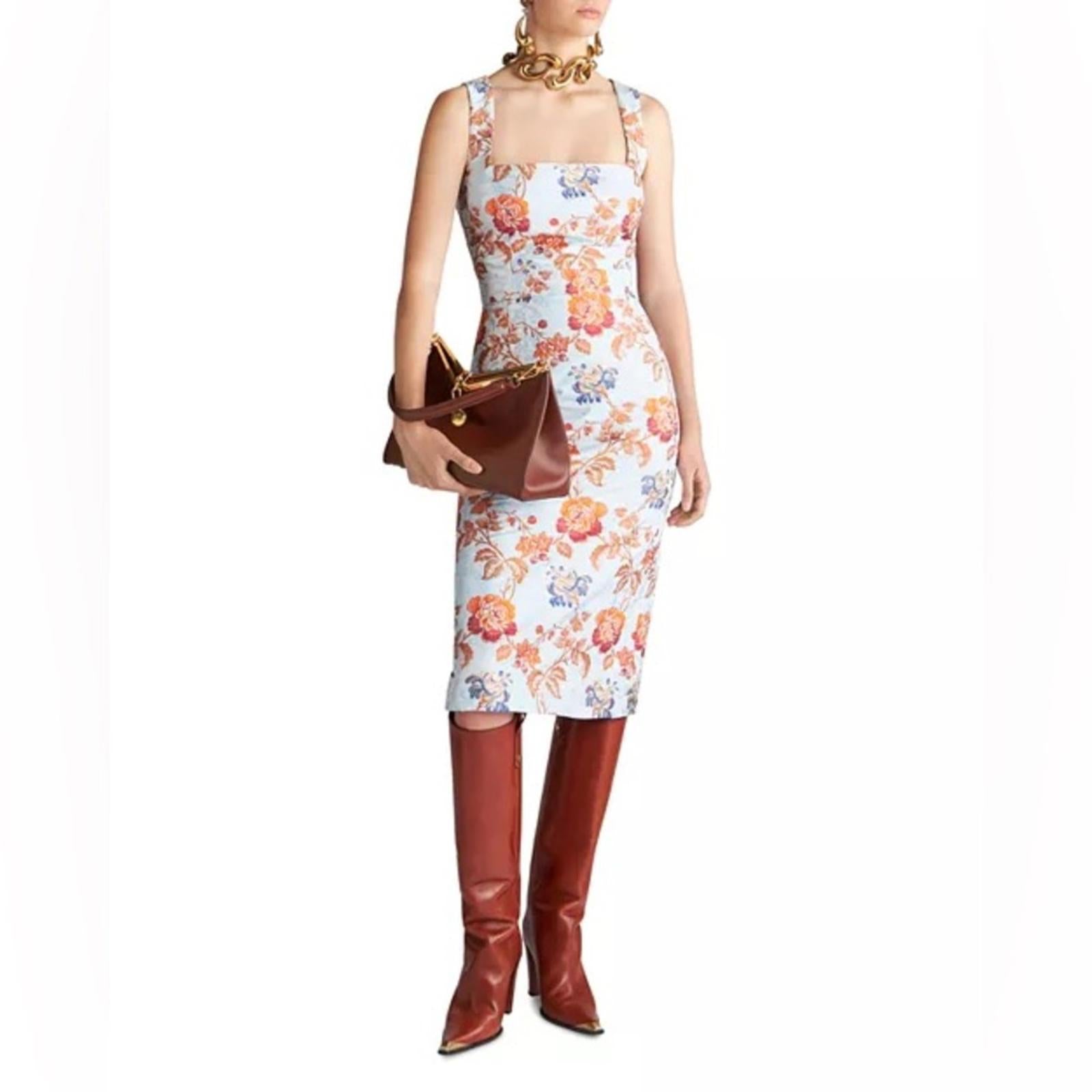Etro Jacquard Floral Sheath Dress in Pale Blue Multi, Size 36, NEW $2300