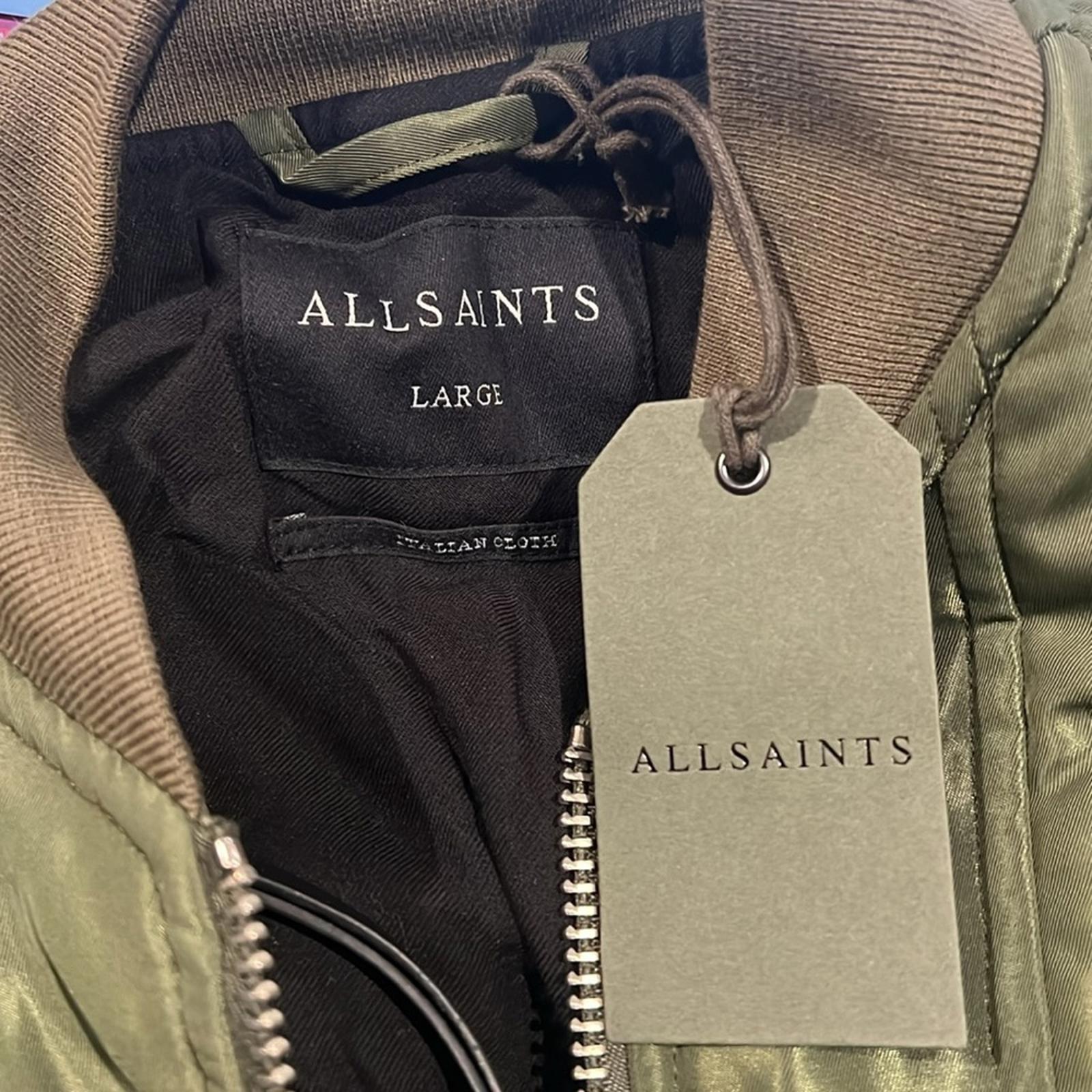 All Saints Scout Ruched Bomber Jacket in Khaki Green, Size L New w/Tag