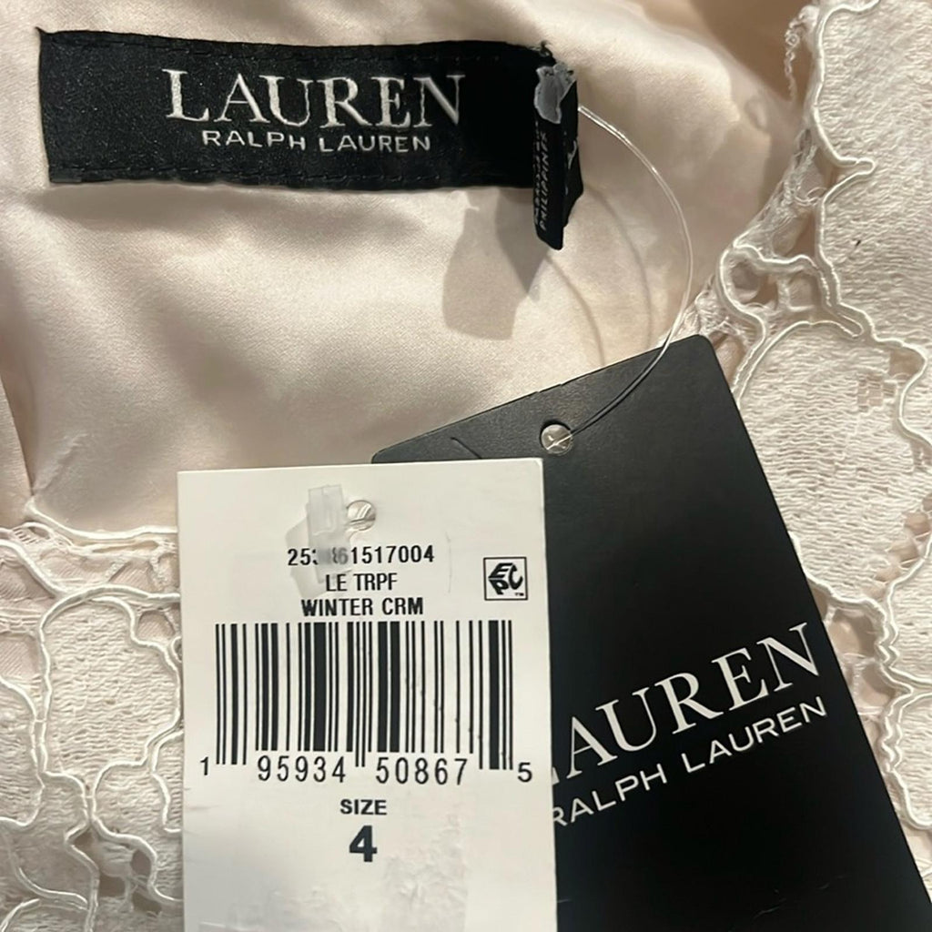 Lauren Ralph Lauren Winter Cream Puff-Sleeve Lace Cocktail Dress Size 4 NWT $225