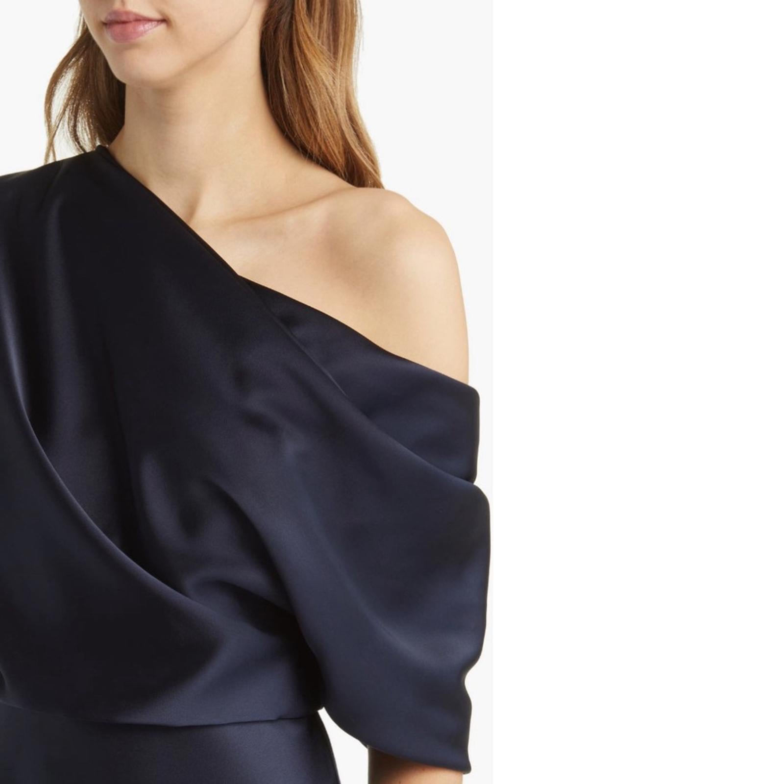 NEW Amsale NAVY One Shoulder Fluid Satin Cocktail Midi Dress, Size 4 Retail $385