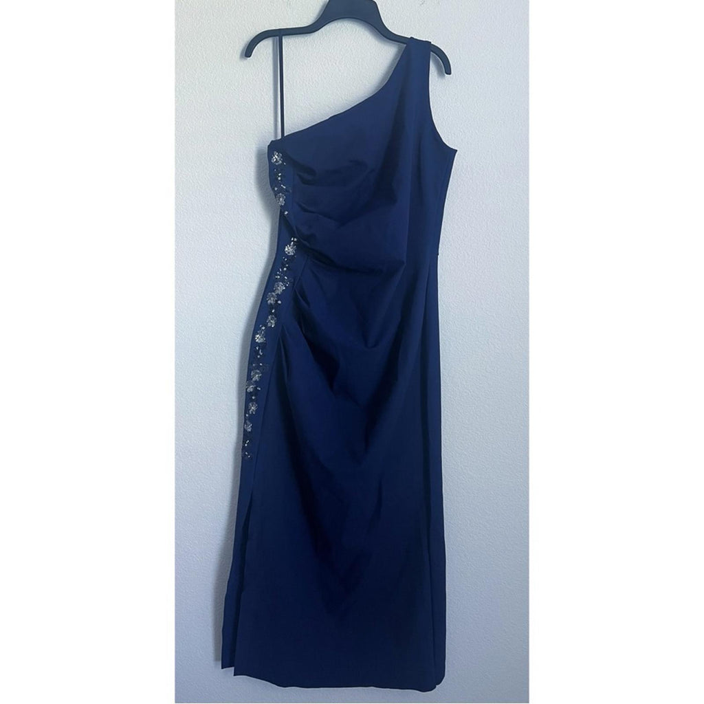 Chiara Boni NAVY Lianette One-Shoulder Beaded Trim Dress, NEW, Size 16