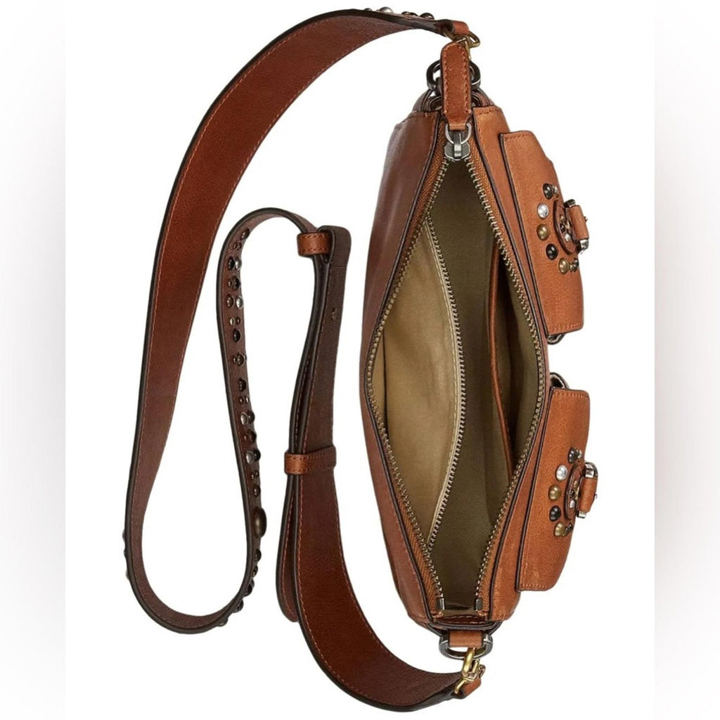 Ralph Lauren Studded Leather Noa Crossbody with Front Pockets, Brown, New w/Tag
