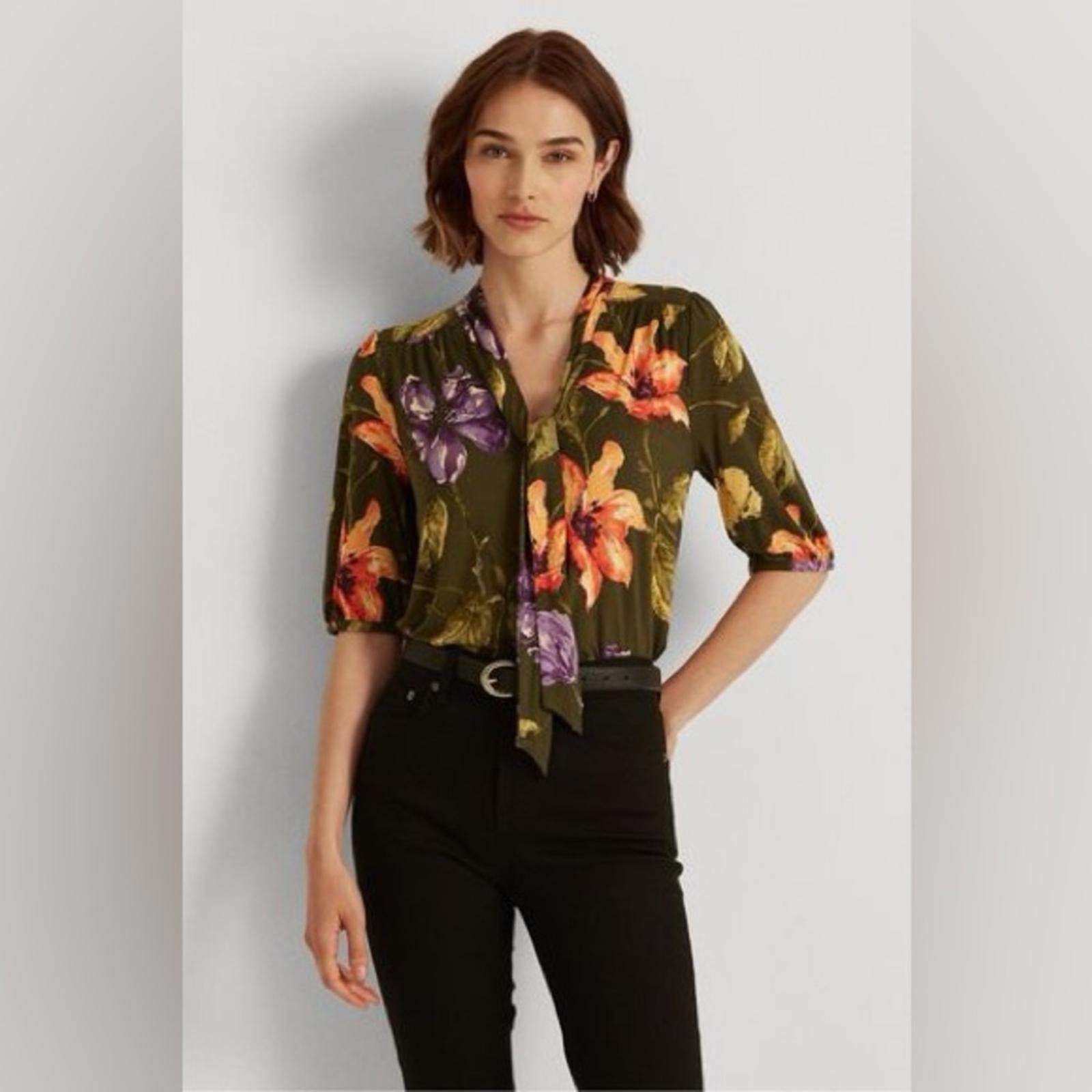 Ralph Lauren Floral Jersey Tie-Neck Blouse in Farm Olive, Plus Size XXL, NWT