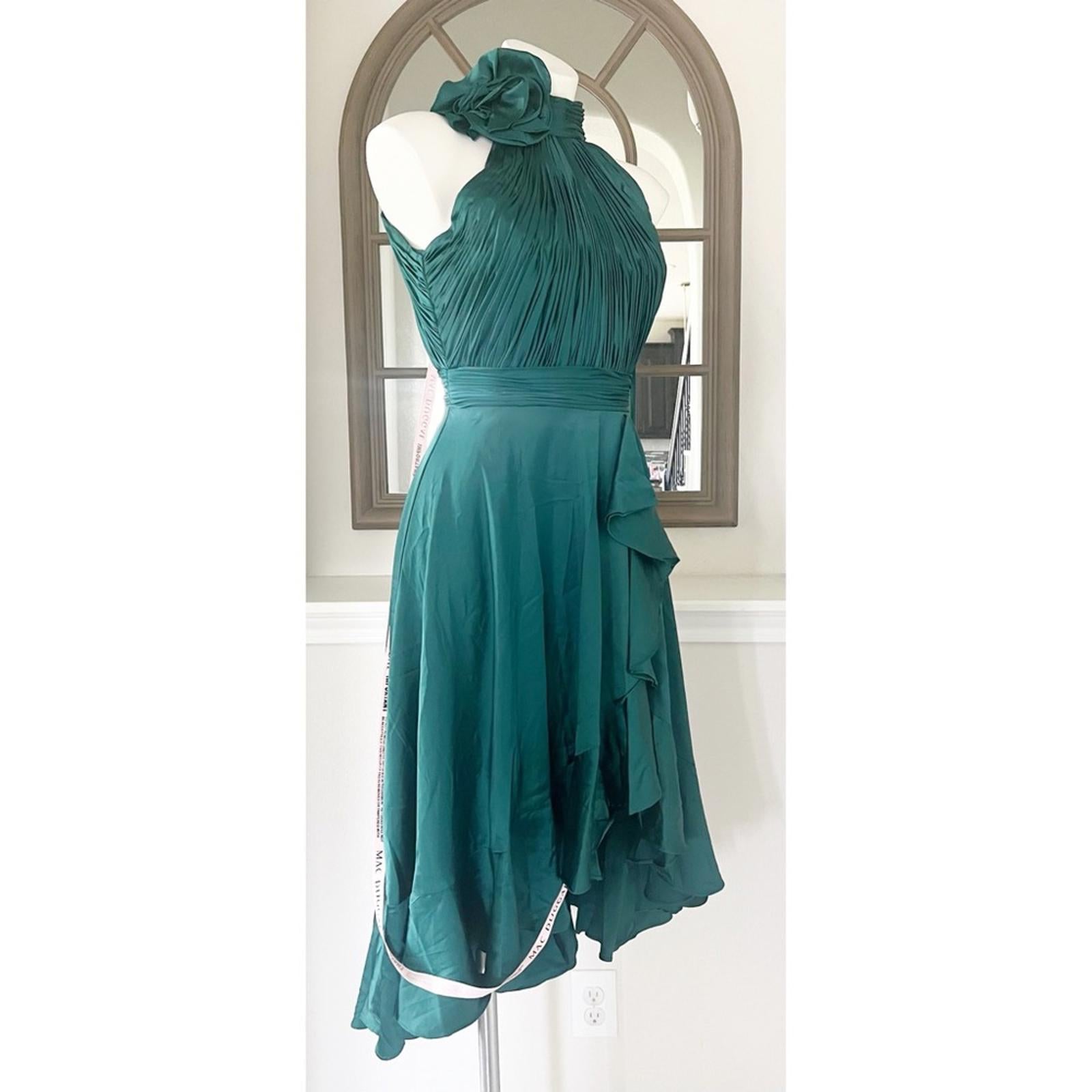 Mac Duggal Pleated Bodice High-Low Satin Cocktail Dress in Emerald Green NWT