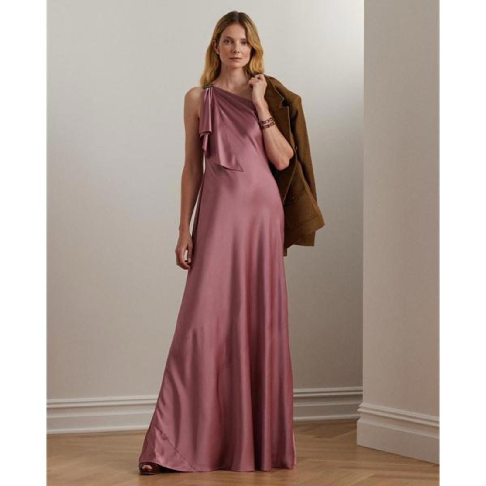 Ralph Lauren Satin Charmeuse One-Shoulder Gown Maxi Dress, Size 8, New w/Tag