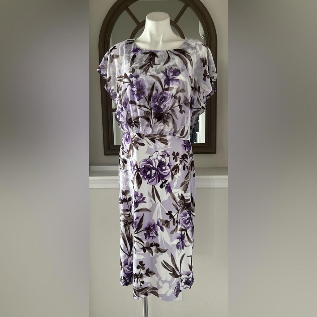 Connected Apparel Daphne Lavender Floral Chiffon Popover Dress, Petite Size 14