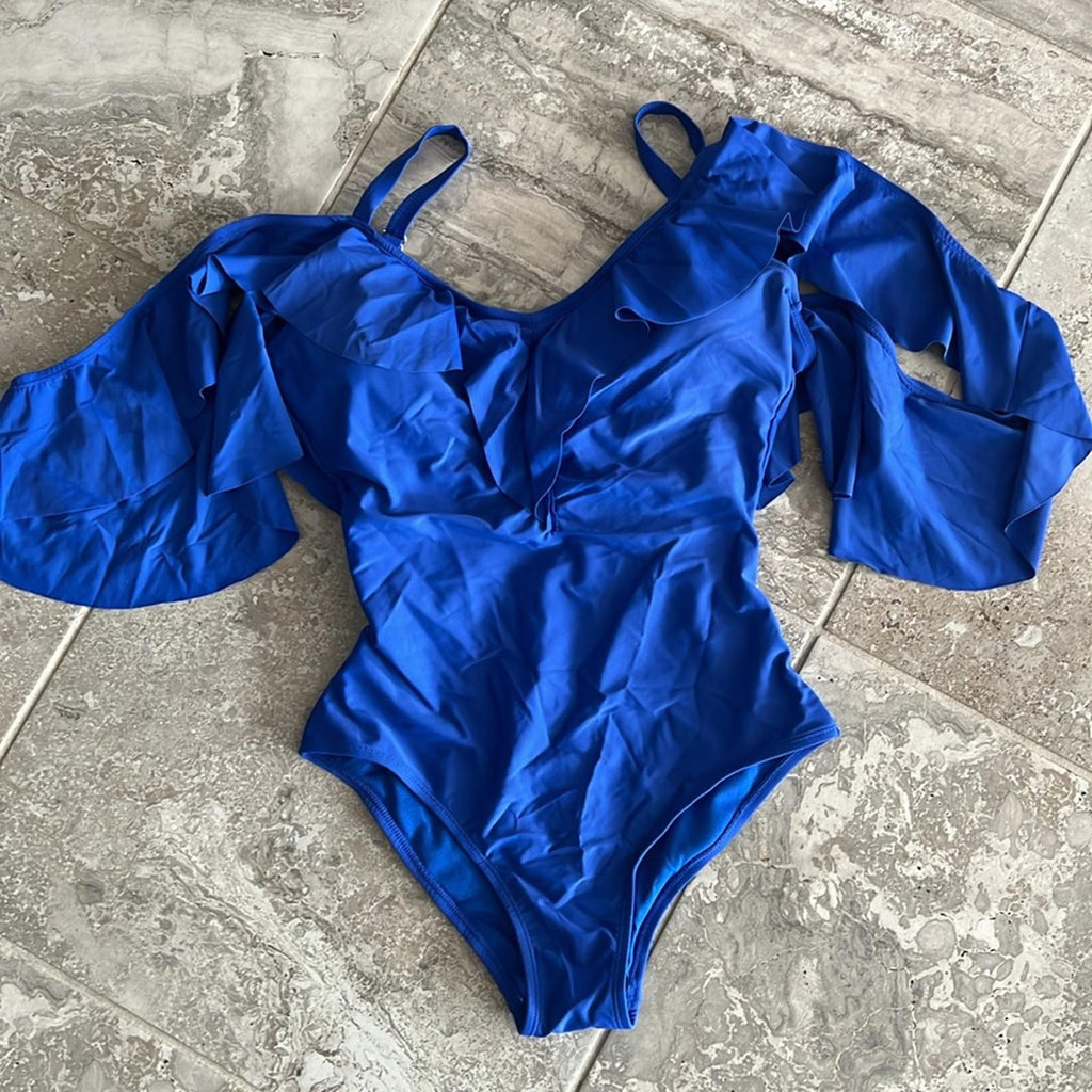 Nicole Miller Ruffled Cold Shoulder One-Piece Swimsuit, Size S New w/Tag $108