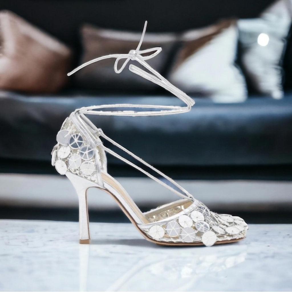 Bottega Veneta Embellished Metallic Wrap Pumps, Size 39.5 NEW +Padded Dust Bags