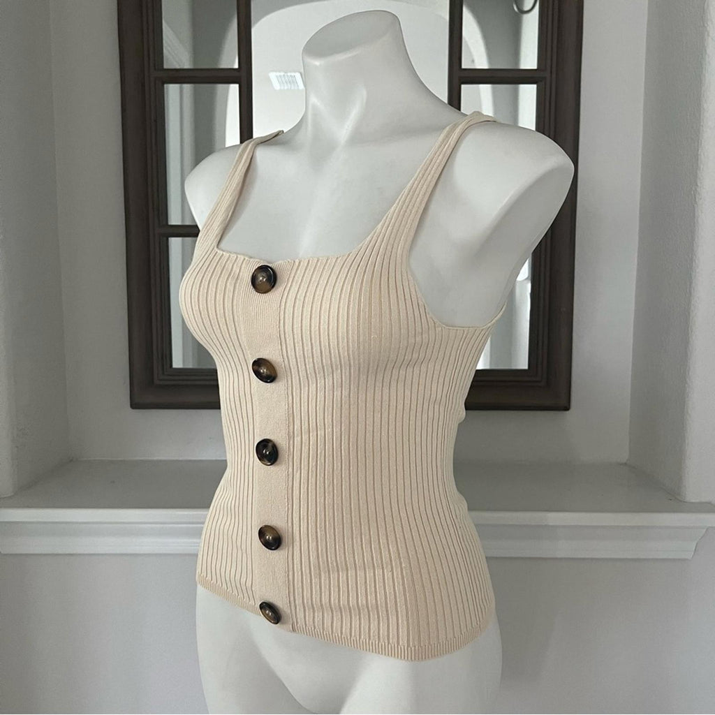 Line & Dot xRevolve Beige Ribbed Cropped Tank Top with Button Detail, Size S