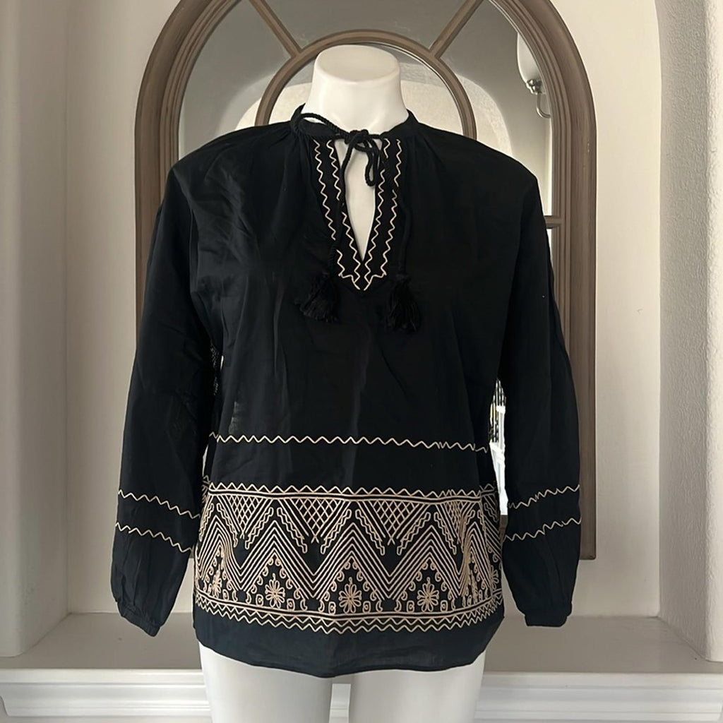 Lauren Ralph Lauren V-Neck Bishop Sleeves Pullover Top in Black Size S NWT