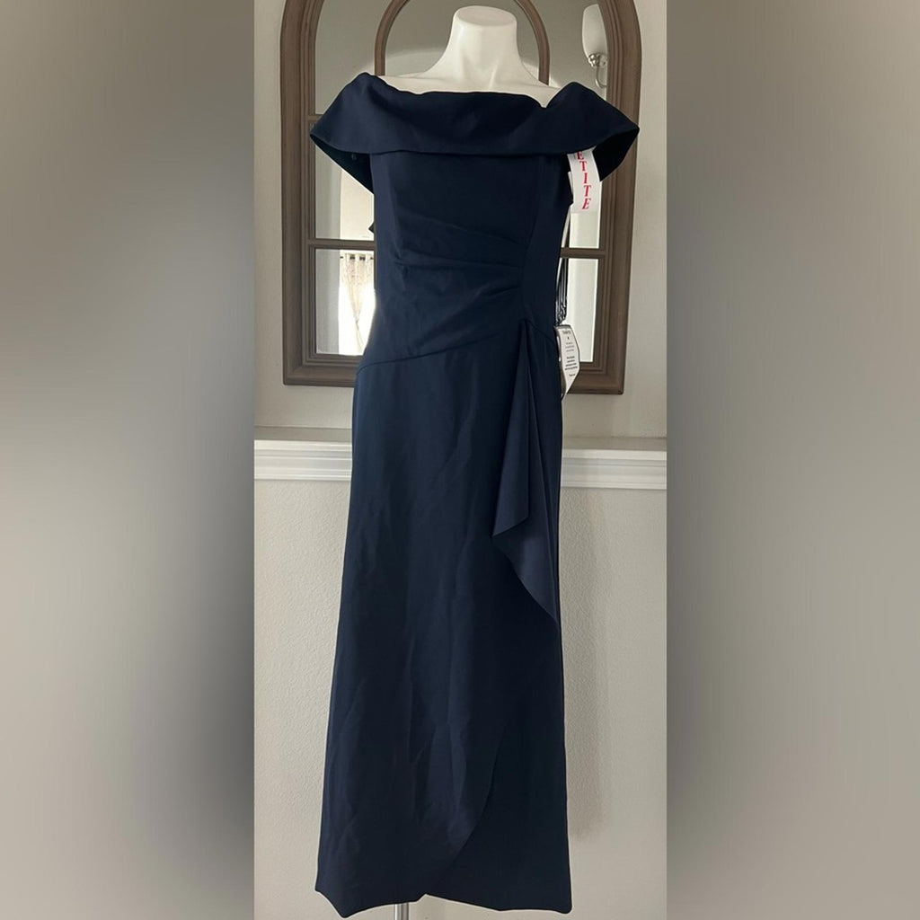 NEW Xscape Off-The-Shoulder Maxi Formal Evening Gown in Navy, Petite Size 12 NWT