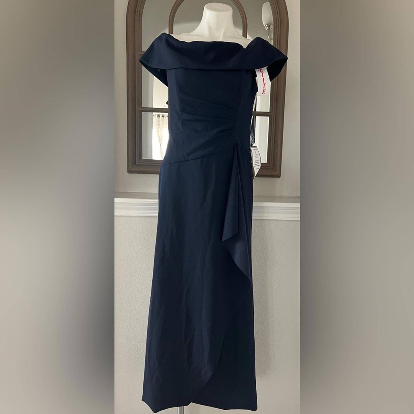 NEW Xscape Off-The-Shoulder Maxi Formal Evening Gown in Navy, Petite Size 12 NWT
