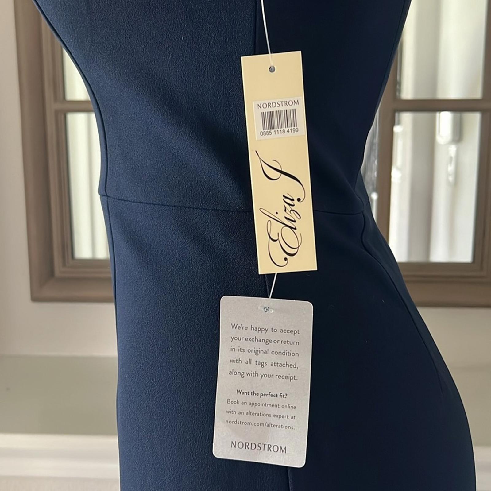 Eliza J. Off-the-Shoulder Mesh-Sleeve Gown in Navy, Size 4, New w/Tag