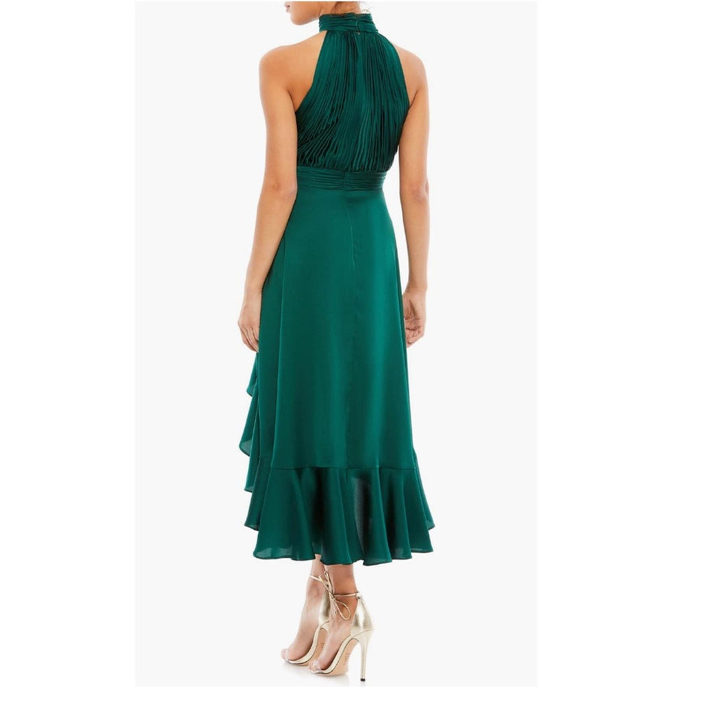 Mac Duggal Pleated Bodice High-Low Satin Cocktail Dress in Emerald Green NWT