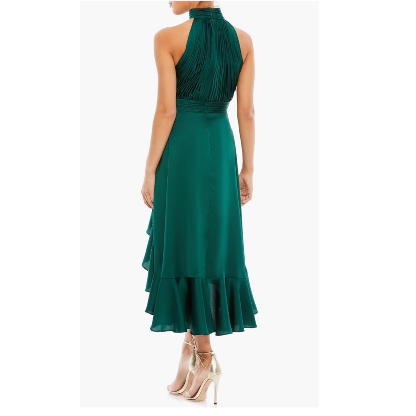 Mac Duggal Pleated Bodice High-Low Satin Cocktail Dress in Emerald Green NWT