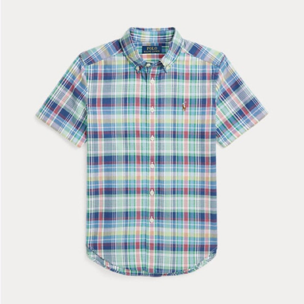 Ralph Lauren Plaid Oxford Short-Sleeve Shirt in Blue Multi, Size M(10-12), NWT