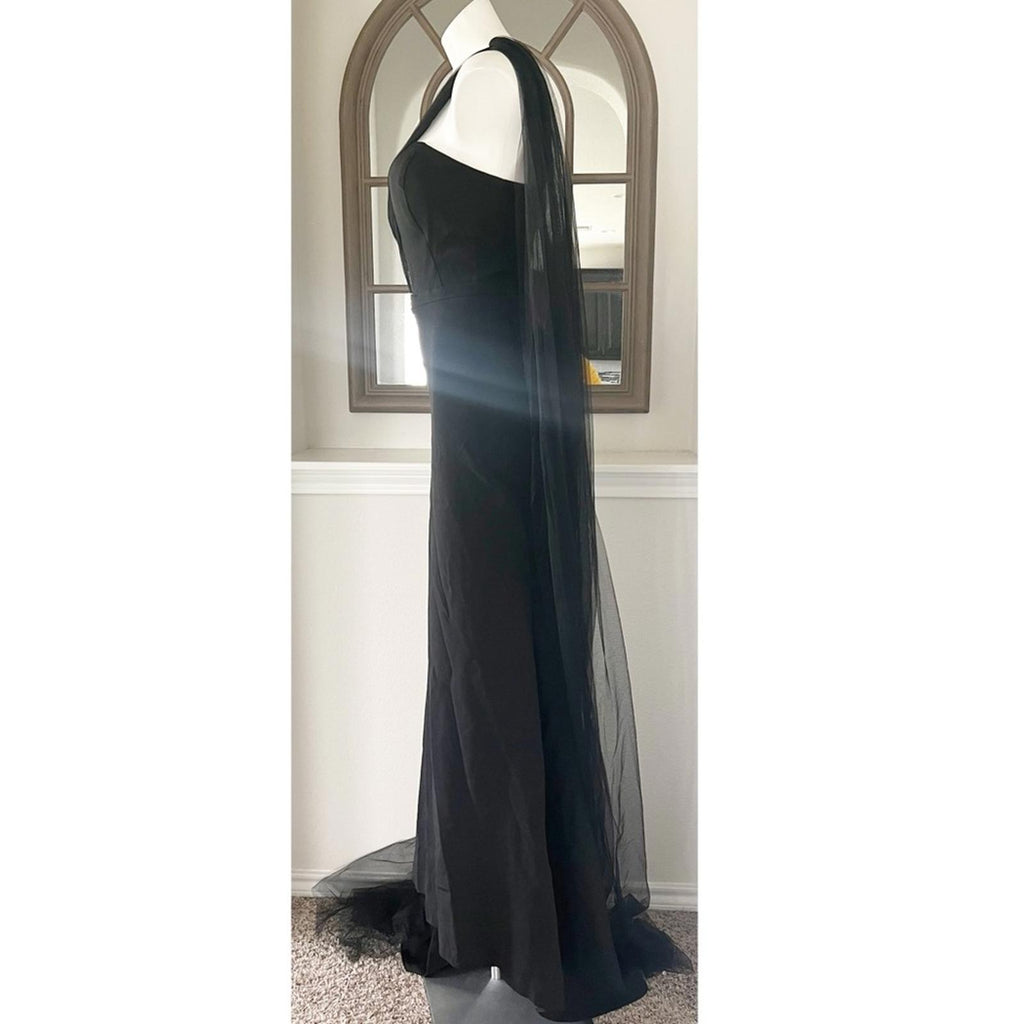 HEBEOS Sheath Stretch Crepe Ruched One-Shoulder Sweep/Train Dress, Black