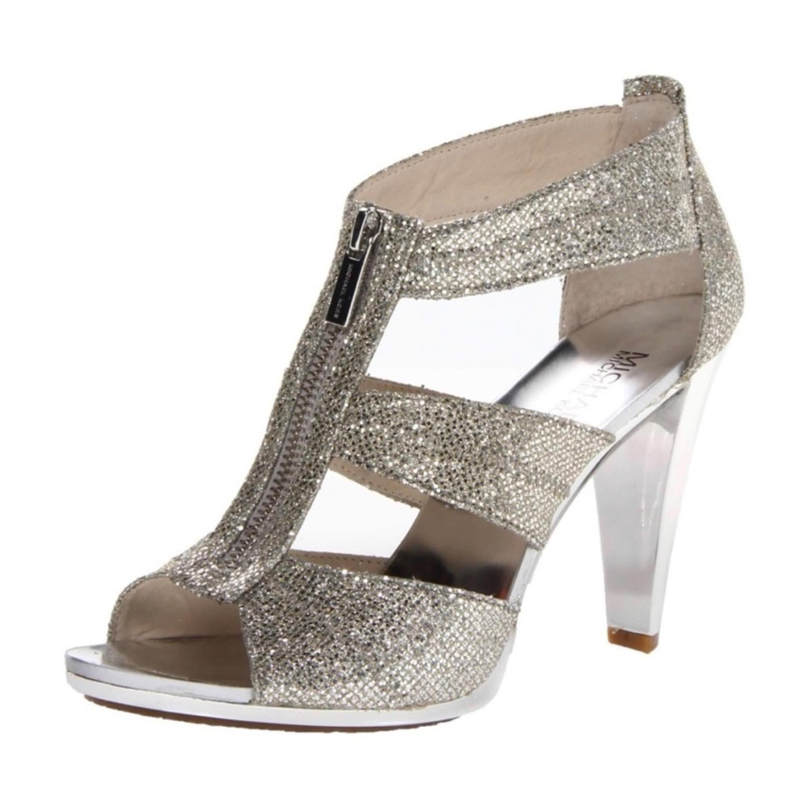 NEW Michael Kors Berkeley T-Strap Glitter Silver Heels, Size 5.5 M Retail $150