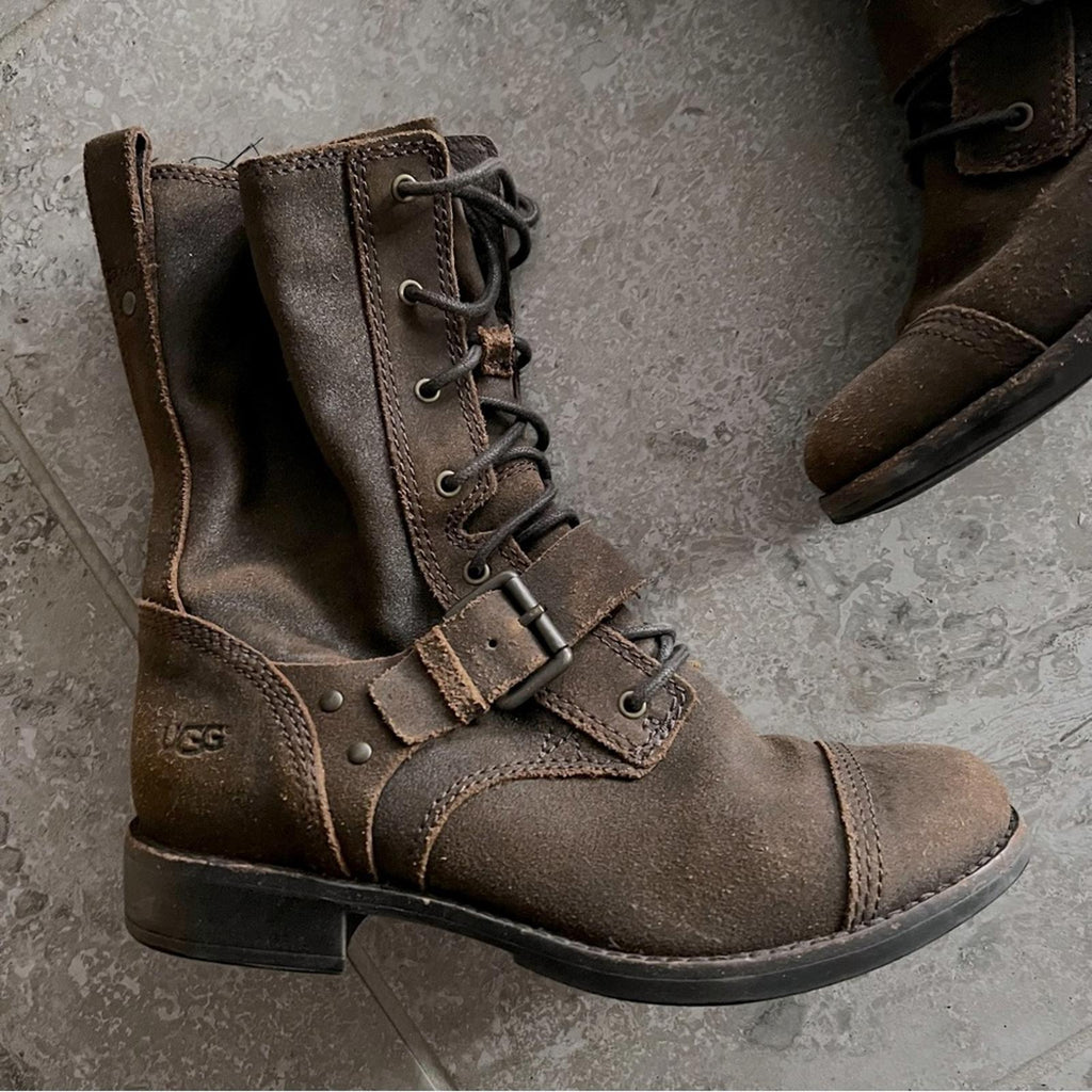 UGG Australia Marela Dark Lace-Up Leather Booties in Chestnut Brown, Size 7