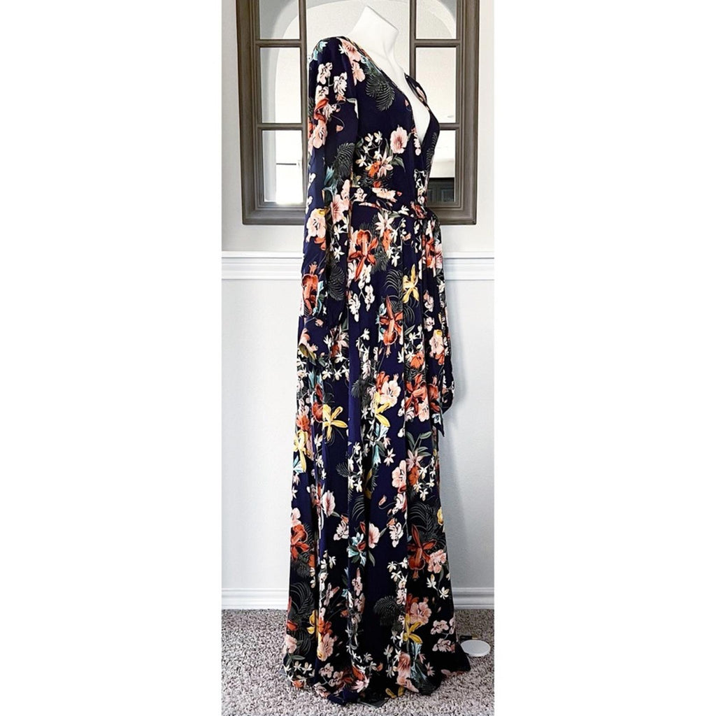 Meghan LA Floral Maxi Dress Navy Lilypad Split Neck Size XL EXCELLENT! $399