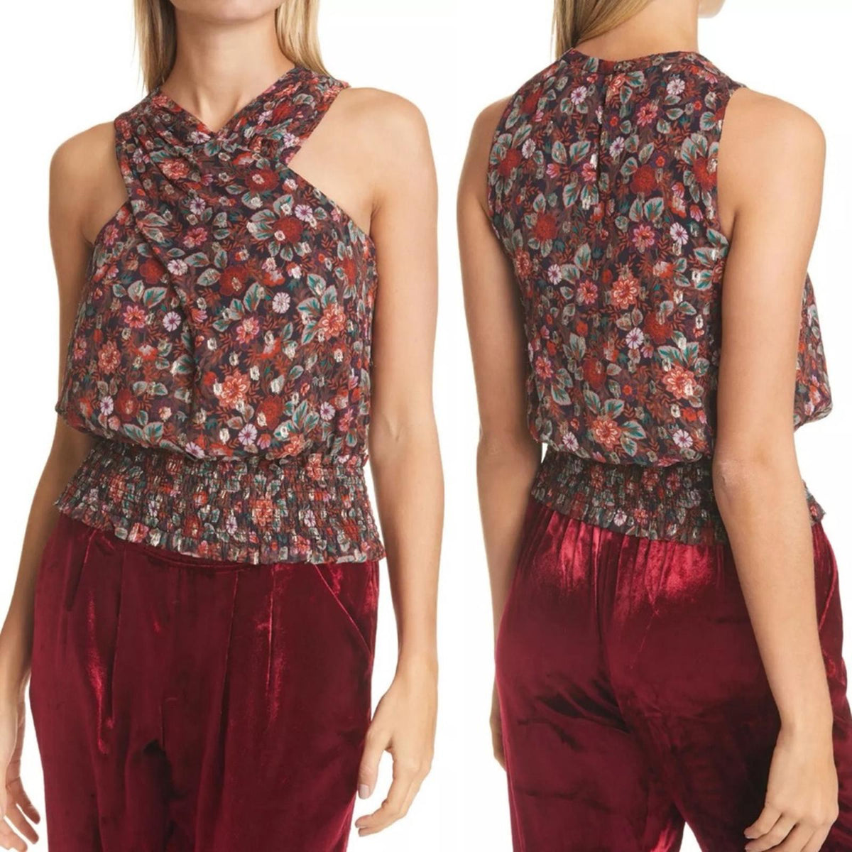 Ramy Brook Lorenza Floral-Printed Metallic Halter Top, Size L New w/Tag $295